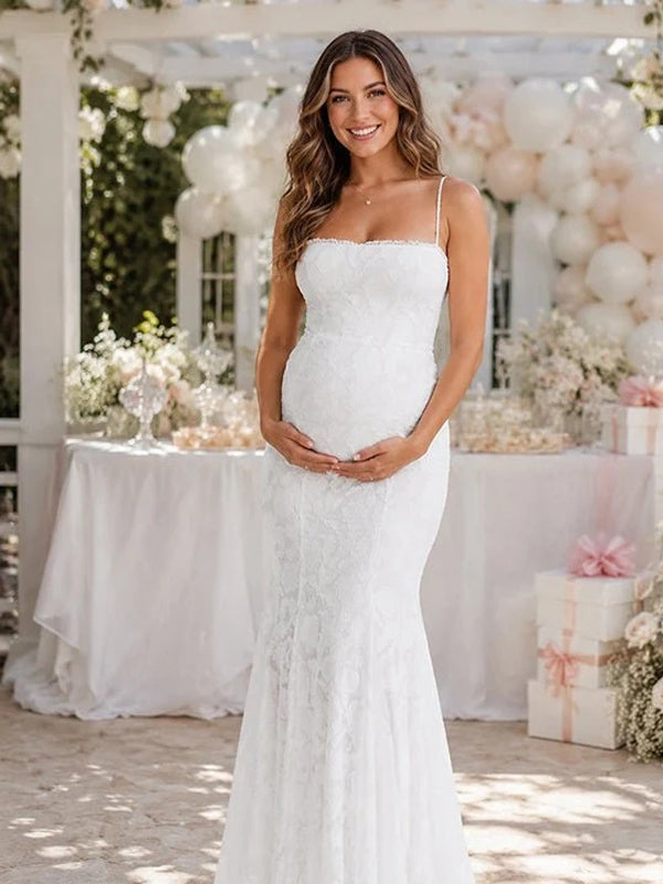 Momyknows White Elegant Backless Lace Up Mermaid Baby Shower Maternity Maxi Dress