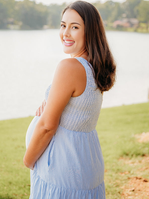 Momyknows Sky Blue Oblique Shoulder Smocked Striped Maternity Photoshoot Maxi Dress Sky Blue / 2XL Momyknows Sky Blue Oblique Shoulder Smocked Striped Maternity Photoshoot Maxi Dress Sky Blue / 2XL