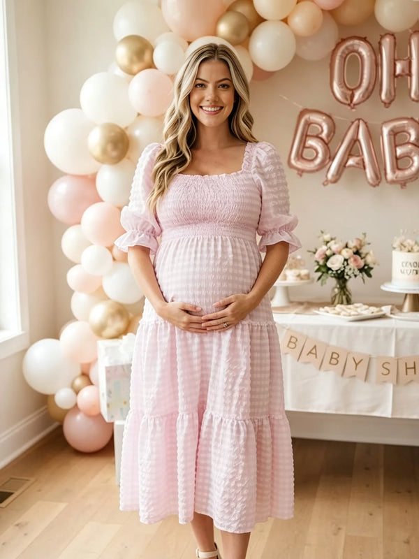 Pink Plaid Maternity Dress with Puff Sleeves and Ruffle Details and Adjustable Fit, Special Occasion