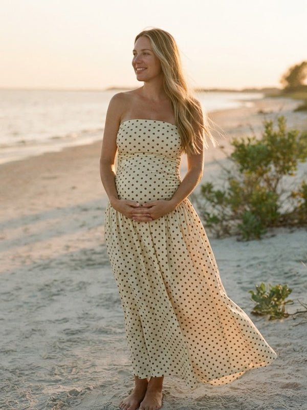 Momyknows Polka Dots Ruched Big Swing Backless Maternity Photoshoot Midi Dress - Apricot - 4
