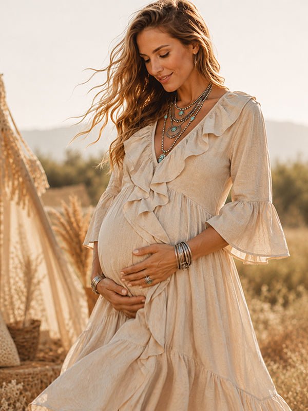 Momyknows Apricot Elegant Irregular Falbala Maternity Photoshoot Maxi Dress - Apricot - 2