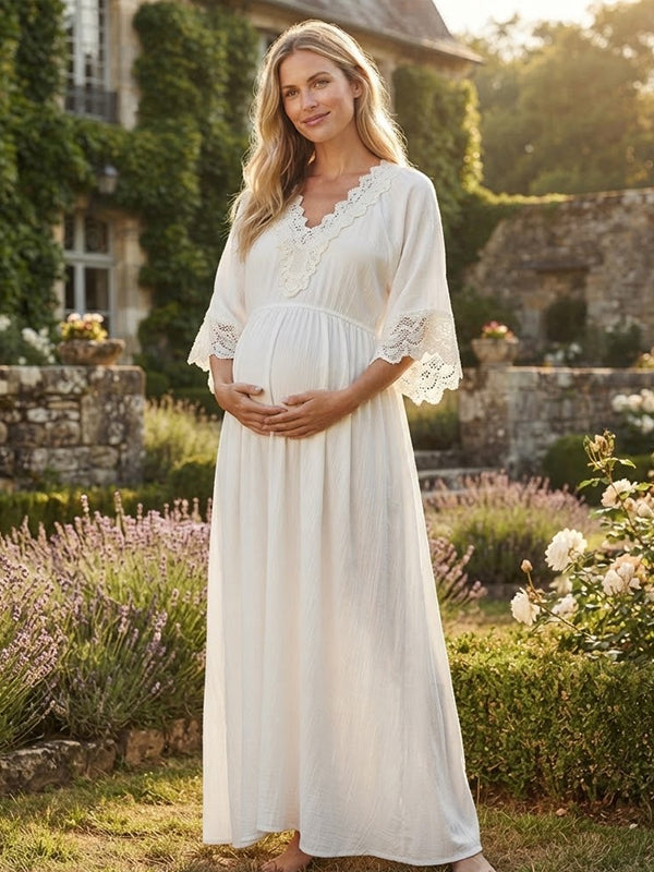 White Lace Maternity Maxi Dress with Deep V Neckline and Spliced Design