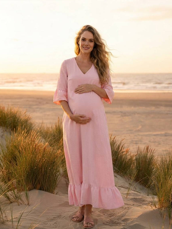 Pink Long Maternity Dress with V-Neck and Three-Quarter Sleeves and Pockets and Casual Fit, Outdoor Lawn Photoshoot