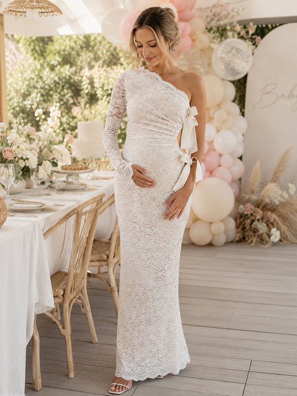 Momyknows White Oblique Shoulder Crop Top Bowknot Lace Maternity Baby Shower Maxi Dress - White - 1