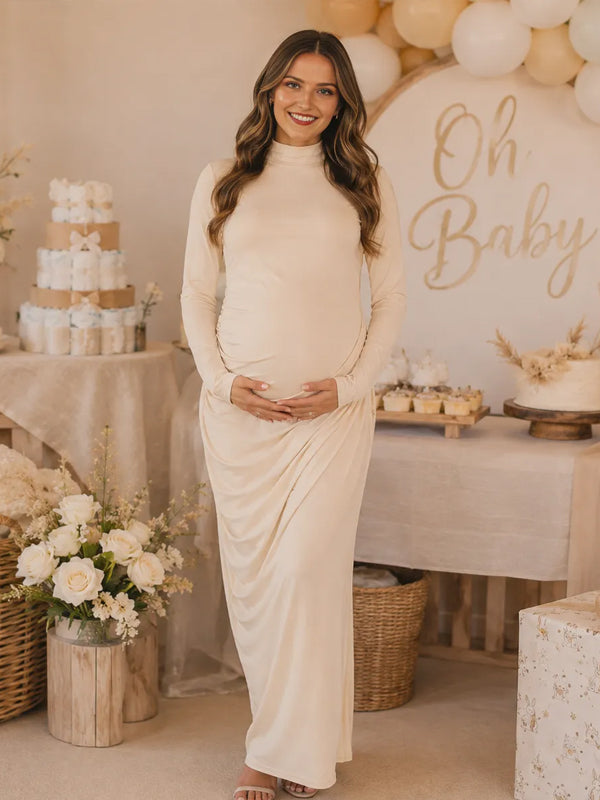 Apricot Elegant Ruched Maternity Maxi Dress with Button Detail and Bodycon Silhouette