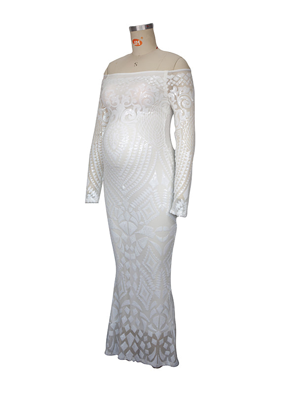 Momyknows White Lace Off Shoulder Mermaid Bodycon Wedding Gown Baby Shower Elegant Foamal Maternity Photoshoot Maxi Dress White / S Momyknows White Lace Off Shoulder Mermaid Bodycon Wedding Gown Baby Shower Elegant Foamal Maternity Photoshoot Maxi Dress White / S