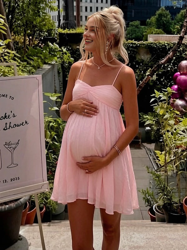 Momyknows Chic Pink Knot Mesh Flowy A-Line Spaghetti Straps Baby Shower Maternity Mini Dress