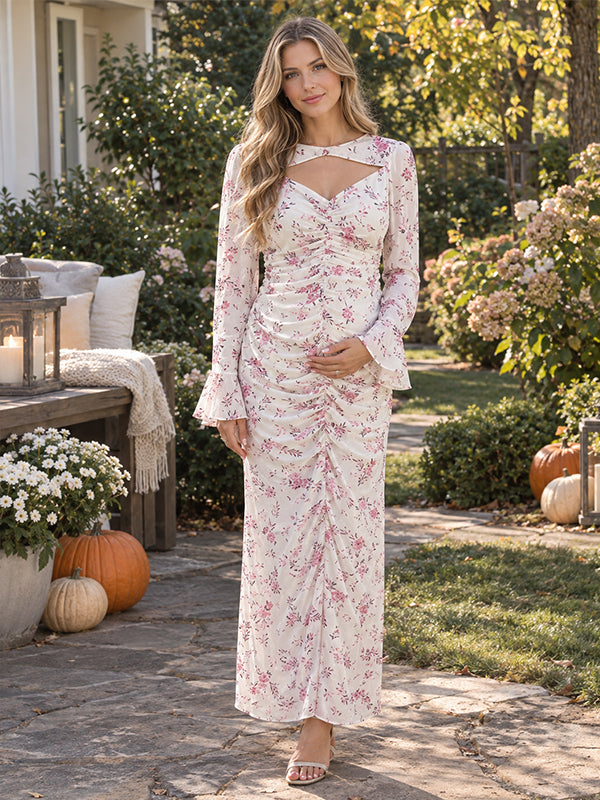 White Print Maternity Maxi Dress with Ruched Detail and Flare Sleeve Design and Flattering Silhouette, Photoshoot