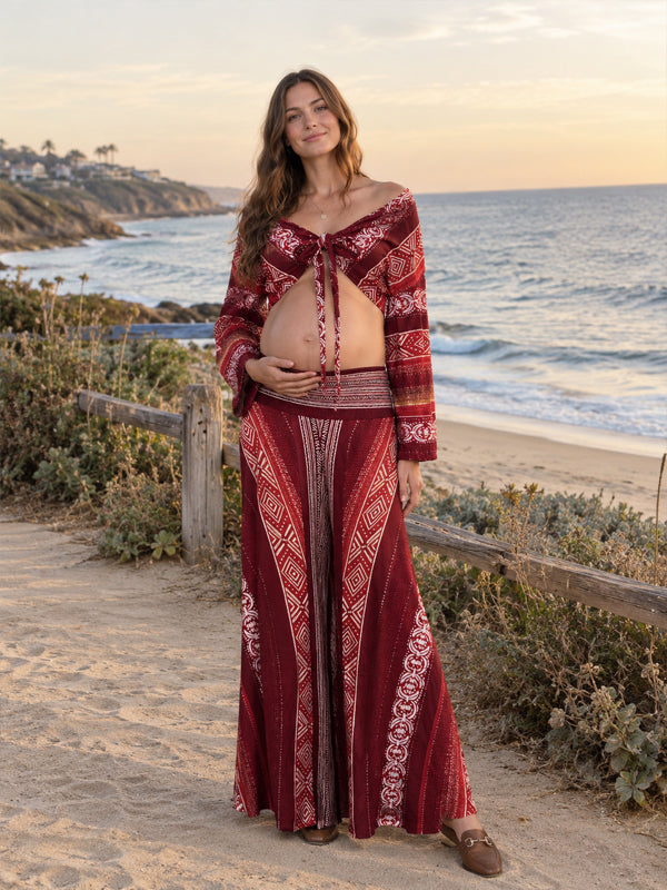 Red Print Maternity Wide-Leg Pants with Bold Pattern and Flowing Silhouette, Photoshoot Occasion