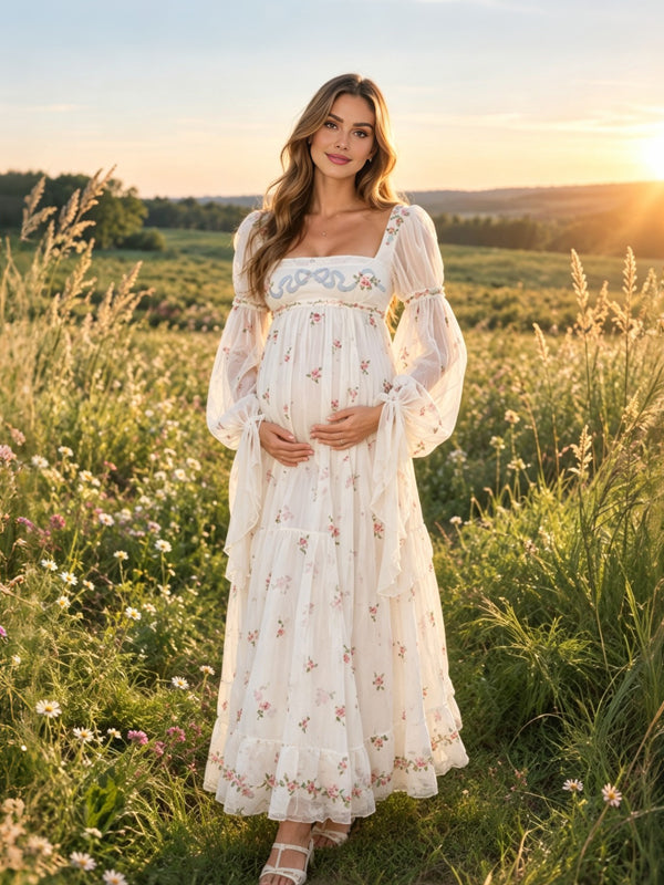 White Flowy Floral Tulle Backless Maternity Maxi Dress with Elegant Fit, Lawn Photoshoot