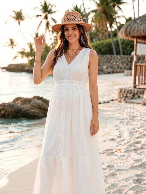white flowy vacation dress BaoFuBaoMei White Button down Dress for Women Summer Flowy Casual Sundresses Sleeveless Collared Dresses Beach Vacation Outfits with Pockets