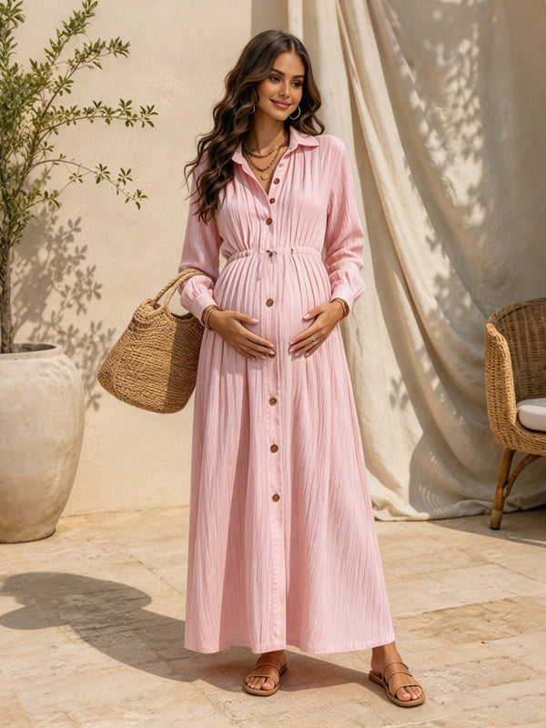 Pink Plus-Size A-Line Maternity Maxi Dress with Pockets and Button-Front Design