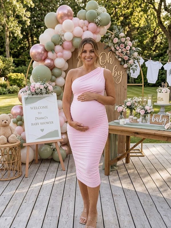Momyknows Elegant Ruched Oblique Shoulder Bodycon Baby Shower Maternity Madi Dress - Beige - 6