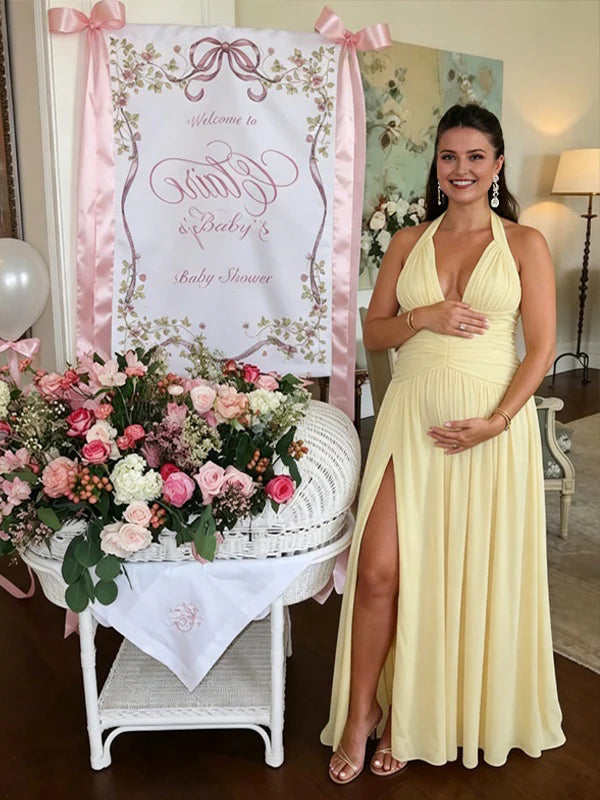 Momyknows Yellow Halter Neck Ruched Side Slit Maternity Baby Shower Maxi Dress