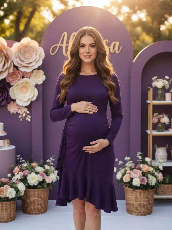 Purple Midi Maternity Dress with Asymmetrical Ruffle Design and Form-Fitting Silhouette, Baby Shower