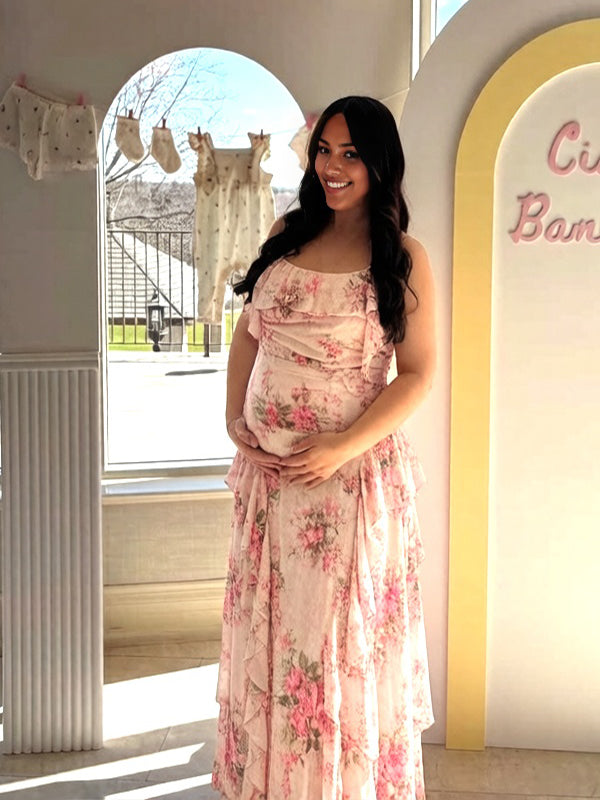Momyknows Pink Spaghetti Strap Print Ruffle Falbala Maternity Baby Shower Maxi Dress
