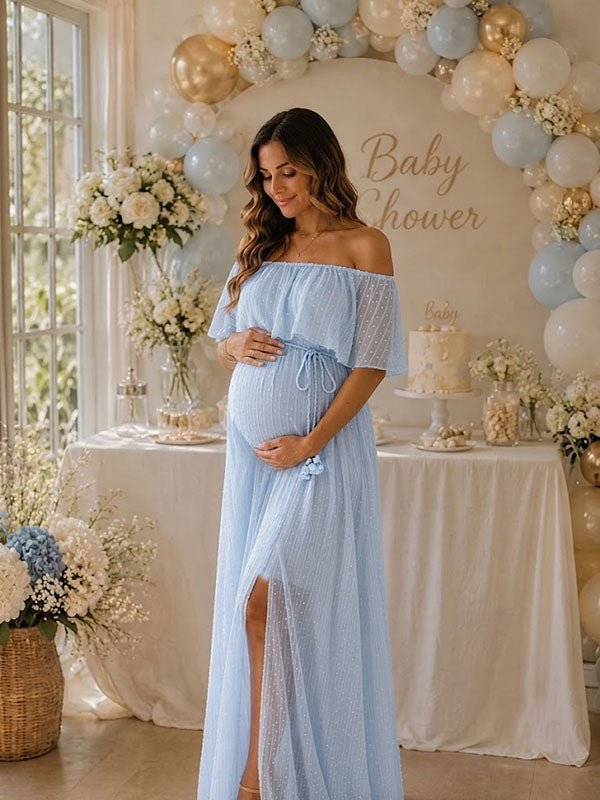 Momyknows Blue Off Shoulder Lace-Up Side Slit Polka dot Flowy Baby Shower Maternity Maxi Dress - Blue - 2