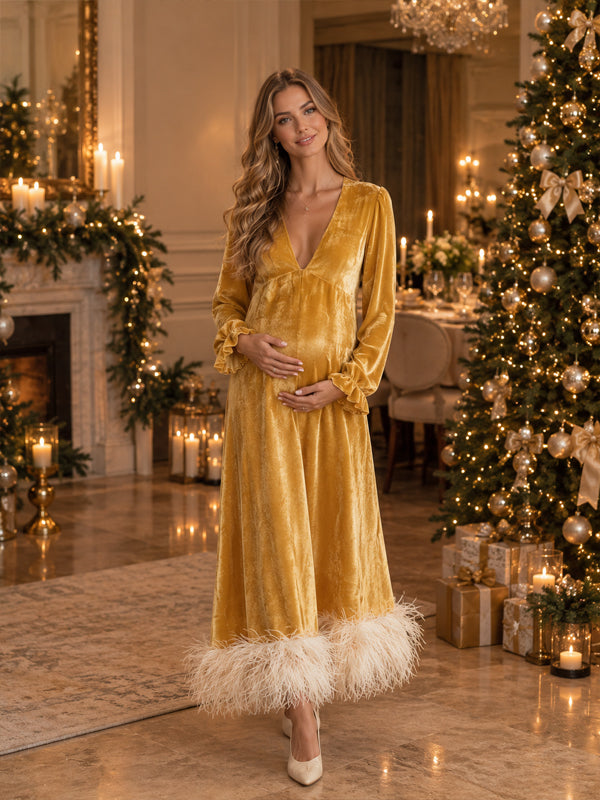 Yellow Fluffy Velvet Maternity Maxi Dress with Deep V Neckline and Graceful Silhouette, Christmas Occasion