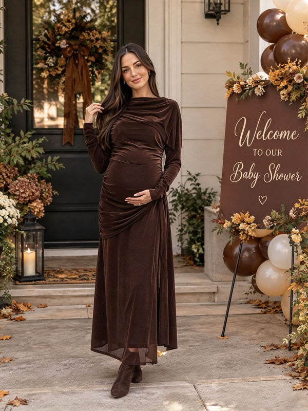 Coffle Maternity Maxi Dress with Cape Overlay and Ruched Bodice and Elegant Ribbon Detail