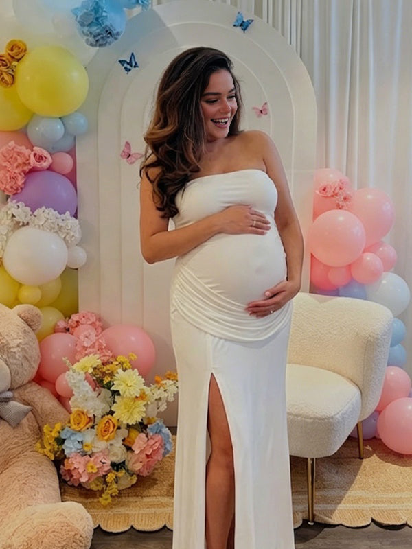 Momyknows Ruched Side Slit Backless Maternity Baby Shower Maxi Dress