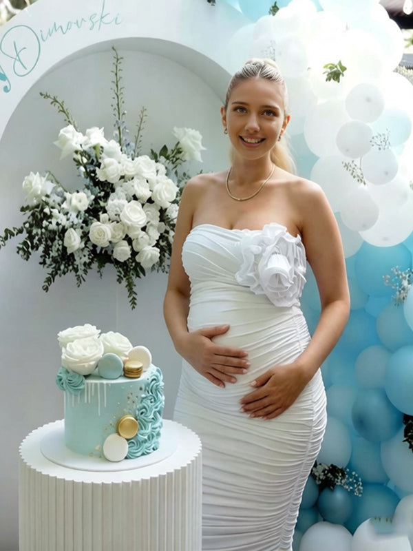 Momyknows 3D Flower Backless Ruched Maternity Baby Shower Maxi Dress