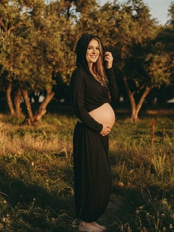 Black 2-in-1 Maternity Dress with Hooded Top and Ruffled Hem and Loose Fit
