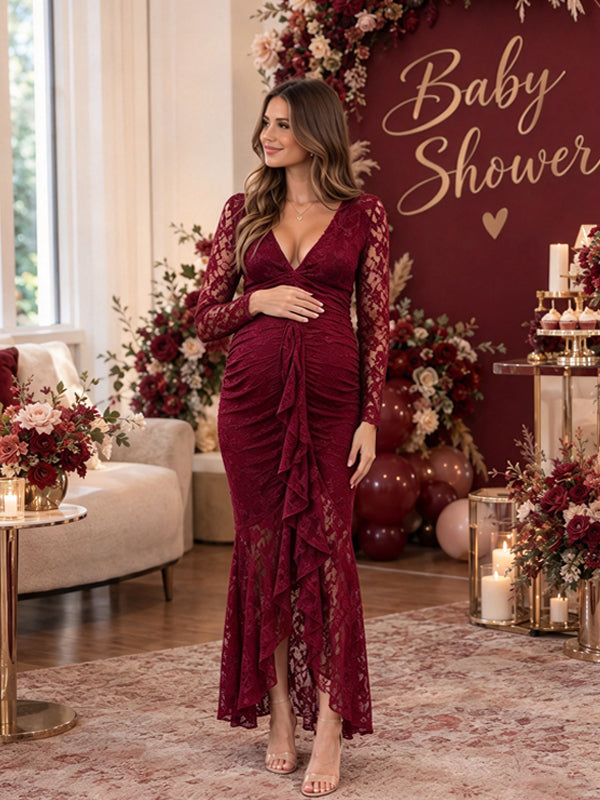 Wine Red Lace Maternity Maxi Dress with Ruffle Accents and Flowing Silhouette