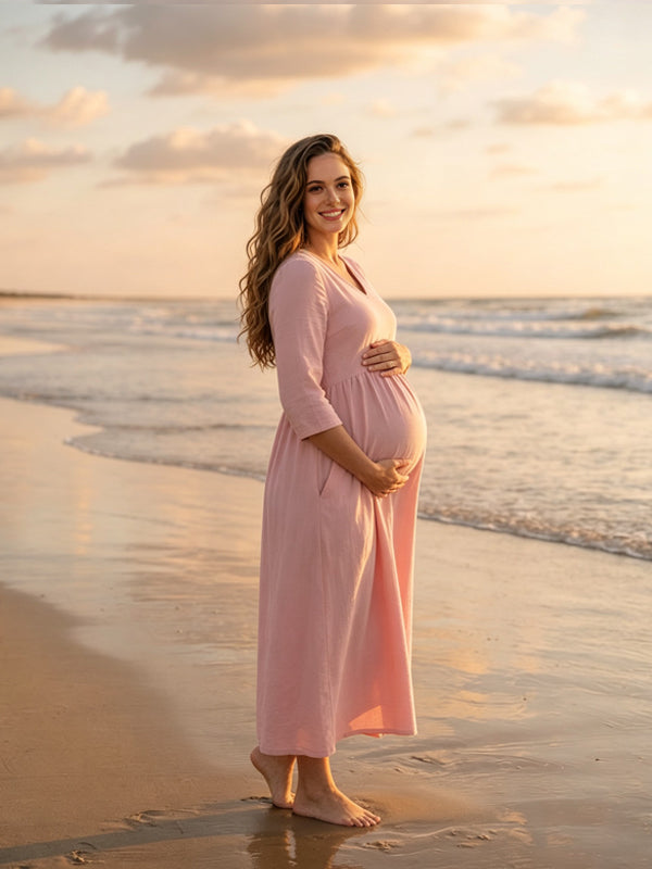 Pink Long V-Neck Maternity Dress with Three-Quarter Sleeves and Pockets