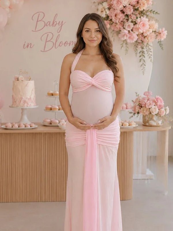 Momyknows Pink Halter Neck Ruched Sheer Lace Up Backless Maternity Baby Shower Maxi Dress - Pink - 1