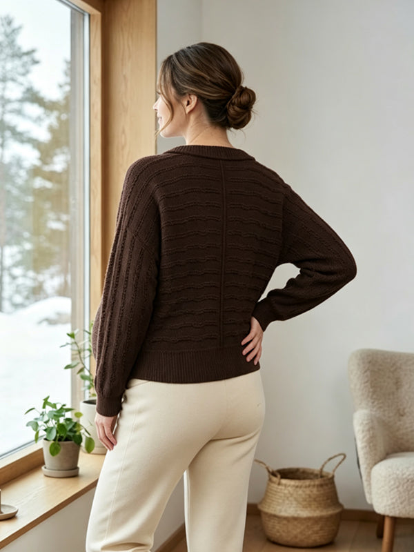 Brown Maternity Cardigan with Crochet Knit Design and Front Buttons for a Relaxed Look