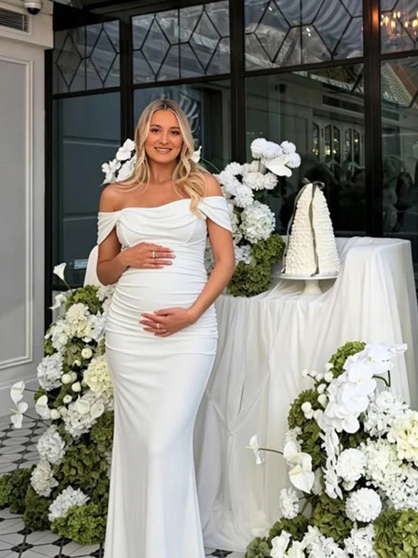 off the shoulder maternity dress white PinkBlush Wrap Photoshoot Gown/Dress CL126177 Momyknows Off Shoulder Ruched Bodycon