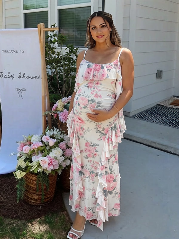 Momyknows Pink Spaghetti Strap Print Ruffle Falbala Maternity Baby Shower Maxi Dress