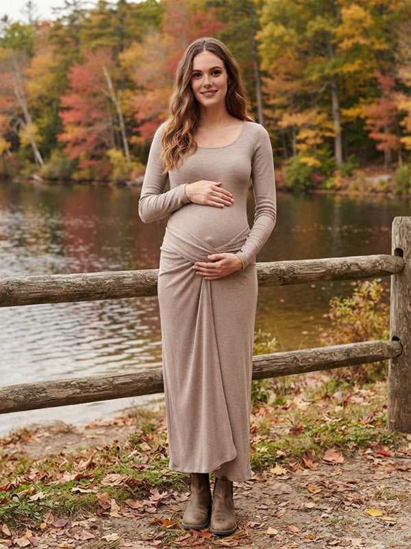 Khaki High-Waisted Maternity Maxi Dress with Ruffle Knot Details and Flattering Fit, Photoshoot