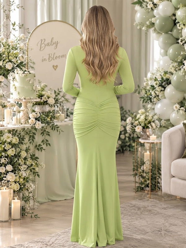 Green Maternity Maxi Dress with Ruched Design and Deep V Neck Ribbon Detail