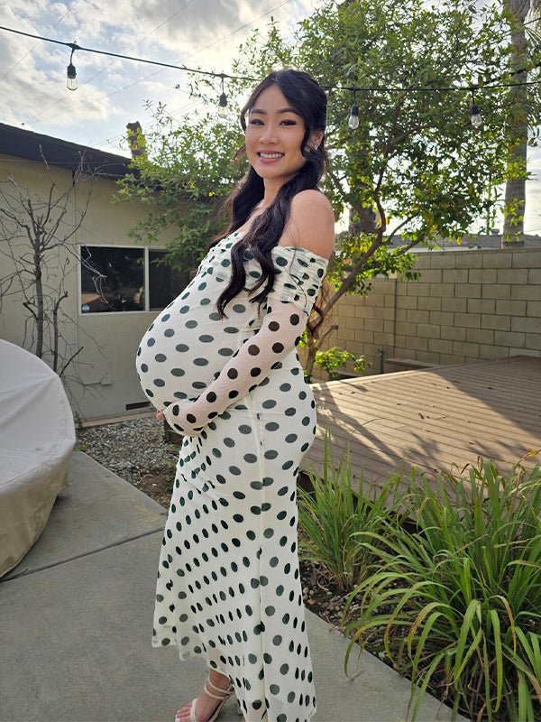 olive green maternity dress Shimmer Mesh Long Sleeve Ruched Midi PinkBlush Perfect For Maternity photography Divine Timing | Bottle Green