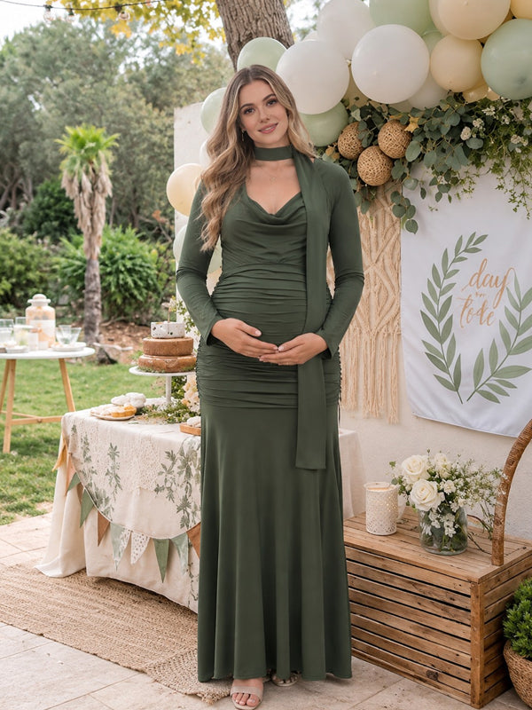 Olive Elegant Maternity Maxi Dress with Stacked Collar and Ruffle Details, Baby Shower