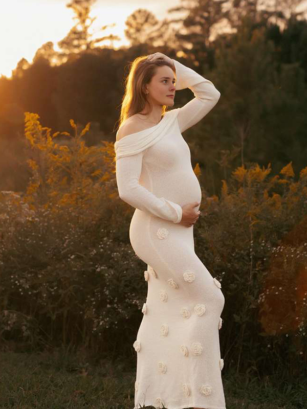 Momyknows White Off Shoulder 3D Flowers Knitting Sweater Photoshoot Maternity Maxi Dress