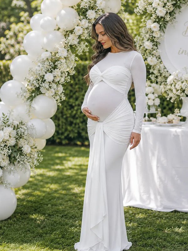 Momyknows White Ruched Sheer Grenadine Lace Up Maternity Baby Shower Maxi Dress - White - 2