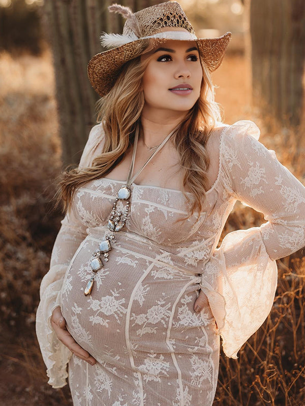 Momyknows White Lace Corset Square Neck Flare Sleeve Plus Size Maternity Photoshoot Maxi Dress White / XXXL Momyknows White Lace Corset Square Neck Flare Sleeve Plus Size Maternity Photoshoot Maxi Dress White / XXXL