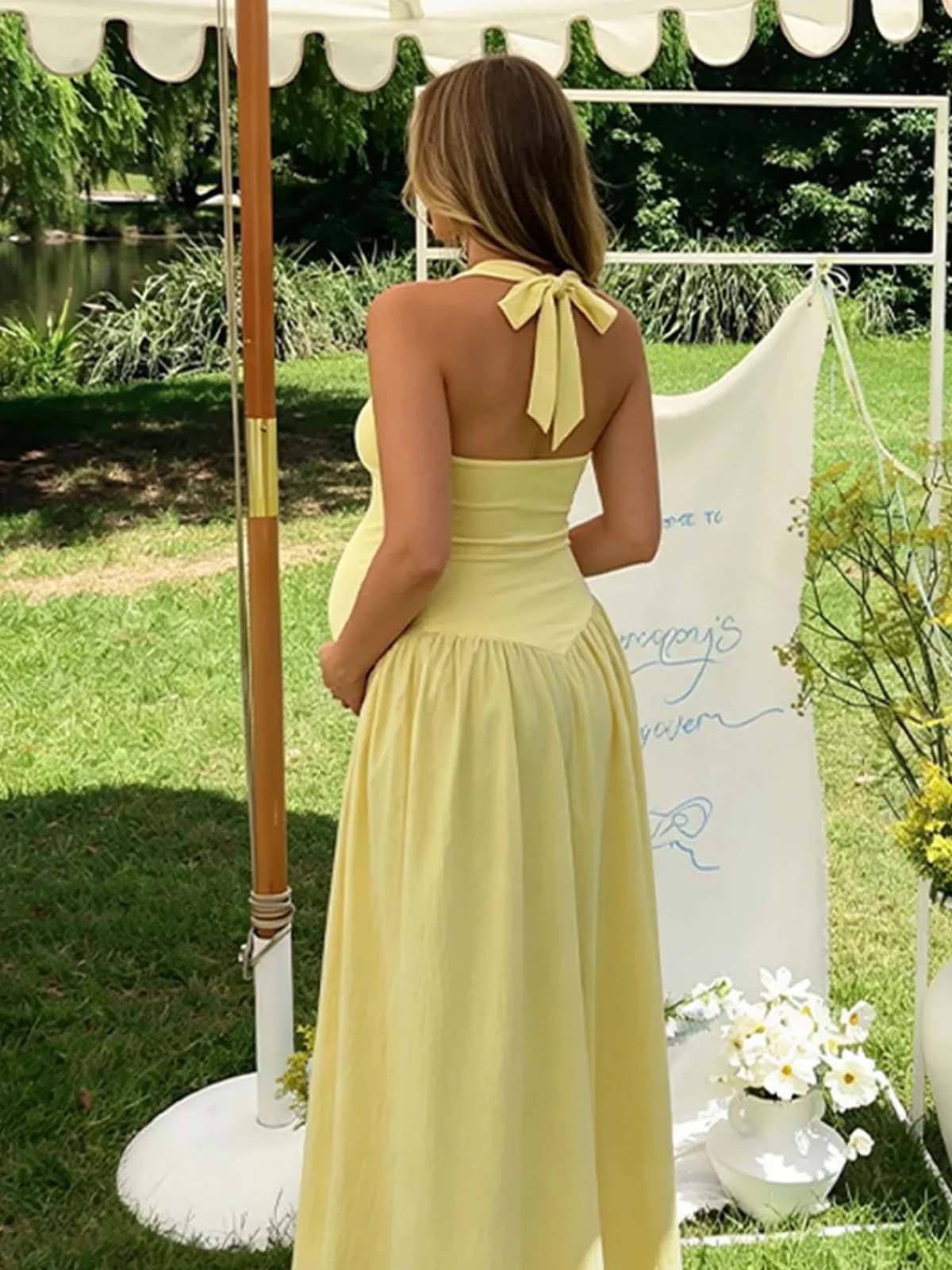 lace up ruffle maxi dress Momyknows Halter Neck Backless Lace Up Ruffle Baby Shower Maternity Maxi Dress Yellow / M