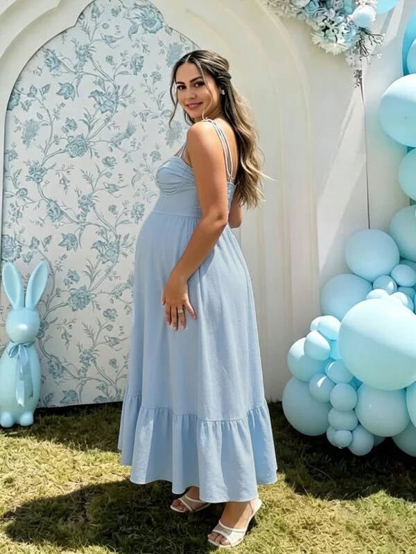 Momyknows Spaghetti Strap Backless Falbala Baby Shower Maternity Midi Dress - White - 4