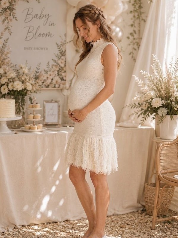 Momyknows Bodycon Crochet Spliced A-Line High Waisted Maternity Baby Shower Mini Dress, White / L