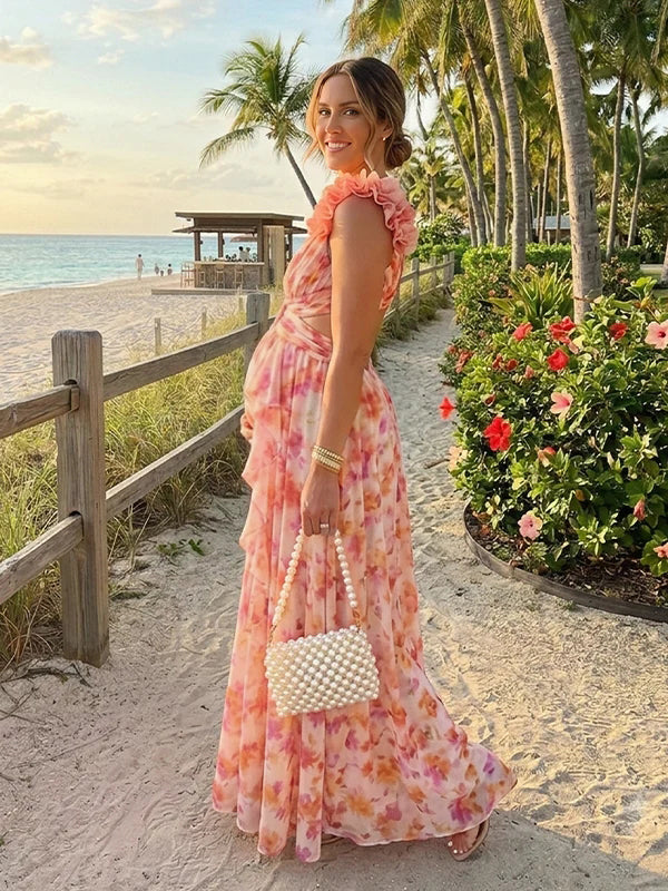 3d floral mesh dress 3D Floral Applique Tie-Strap Mesh Tulle Maxi Dress in Apricot