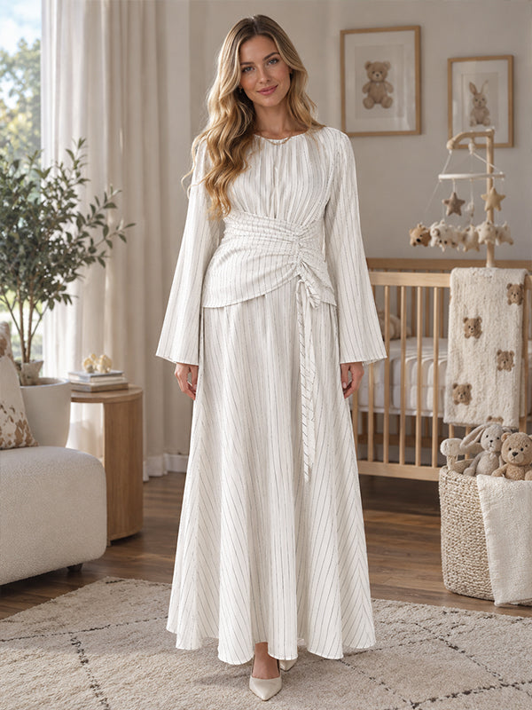 White Smocked Striped Maternity Maxi Dress with Gathering Detail and Big Swing Silhouette