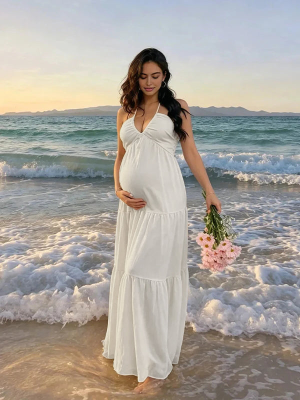 Momyknows Beach Spaghetti Strap Halter Neck Tie-Back Ruched Backless Vacation Photoshoot Maternity Maxi Dress