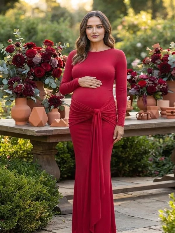 Momyknows Red Ruched Lace Up Bodycon Maternity Baby Shower Maxi Dress - Red - 1