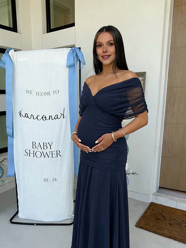 blue maternity dresses for baby shower Momyknows Chic Dark Blue Grenadine Ruched Off Shoulder Flowy Baby Shower Maternity Maxi Dress Dark Blue / XL