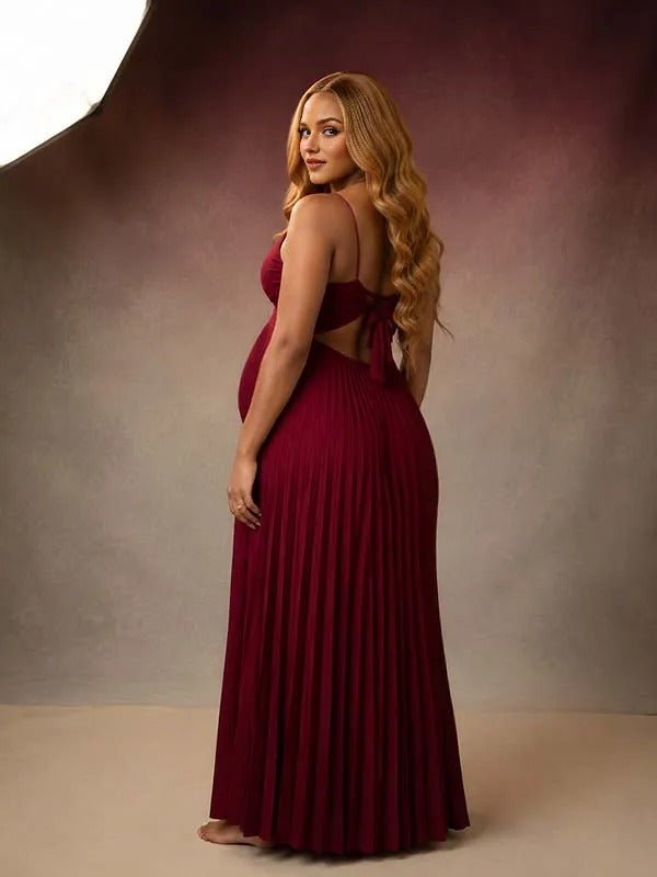 Momyknows Wine Red Ruffle Lace-up Spaghetti Strap Maternity Photoshoot Maxi Dress - Wine Red - 2