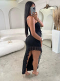 Momyknows Elegant Black Falbala Thigh High Side Slits Irregular Bodycon Evening Party Maternity Maxi Dress
