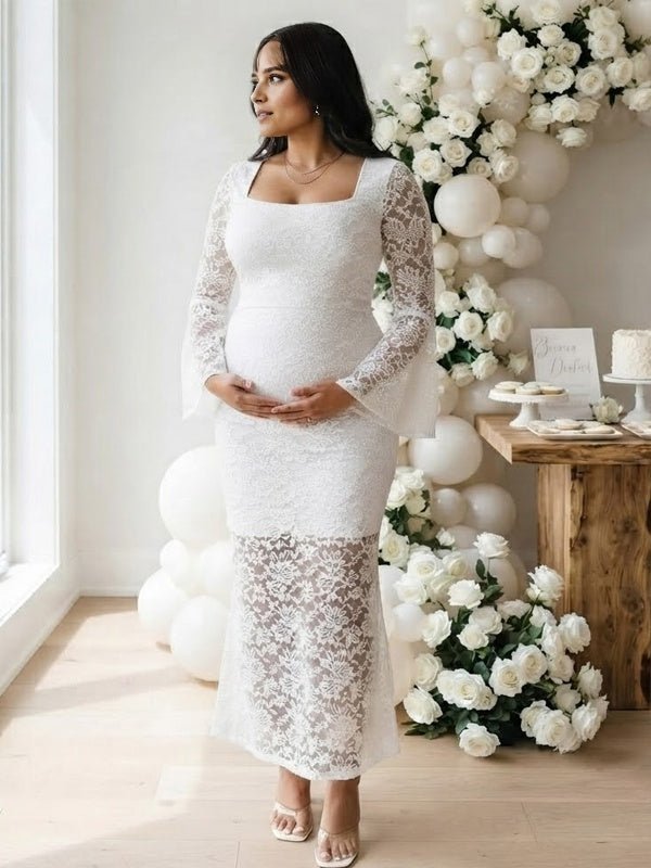 Momyknows White Lace Sheer Side Slit Flare Sleeve Maternity Baby Shower Maxi Dress - White - 3